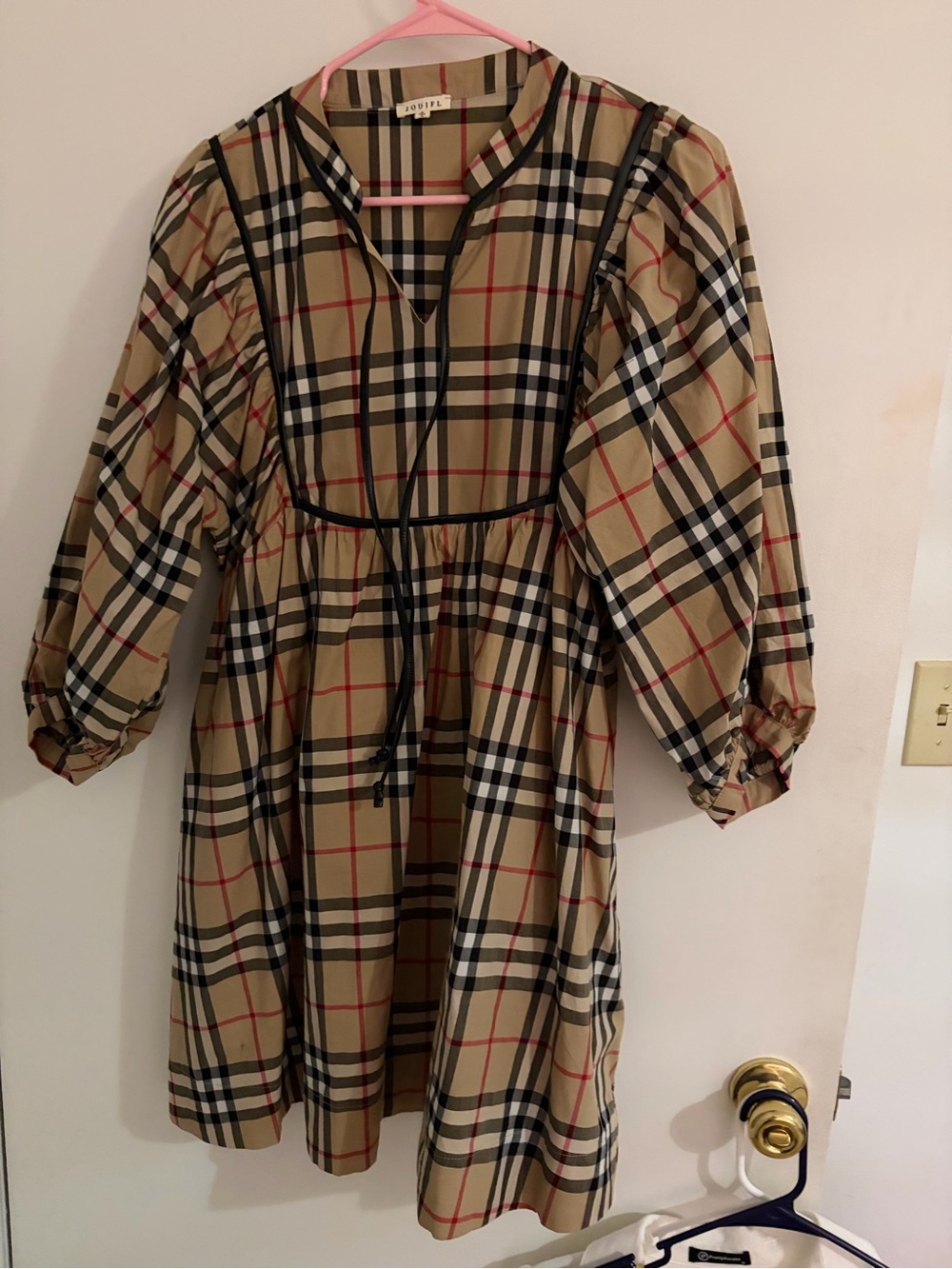 JODIFL Beige Plaid Mini Dress with Black Trim